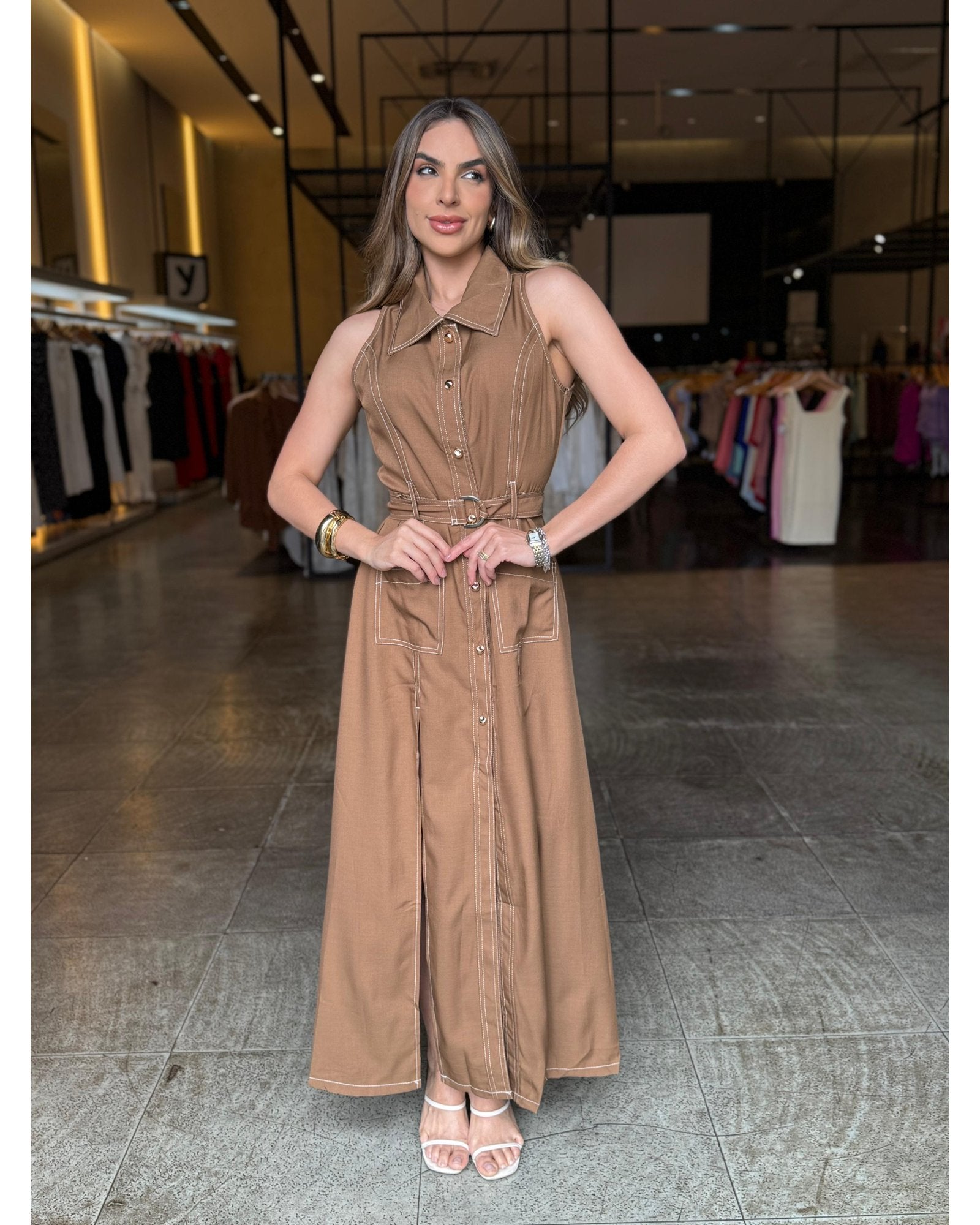 Vestido Longo Botões Fenda