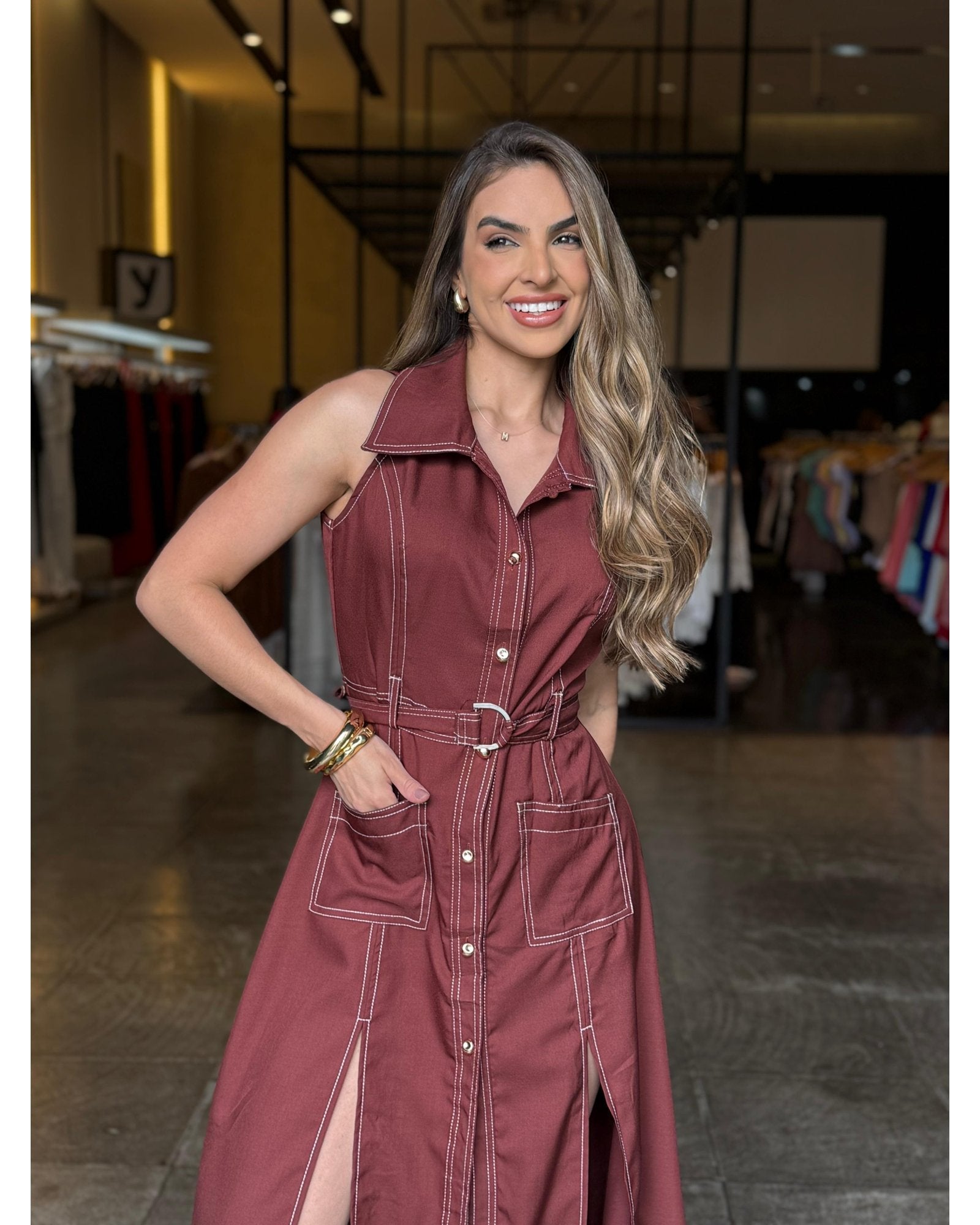 Vestido Longo Botões Fenda