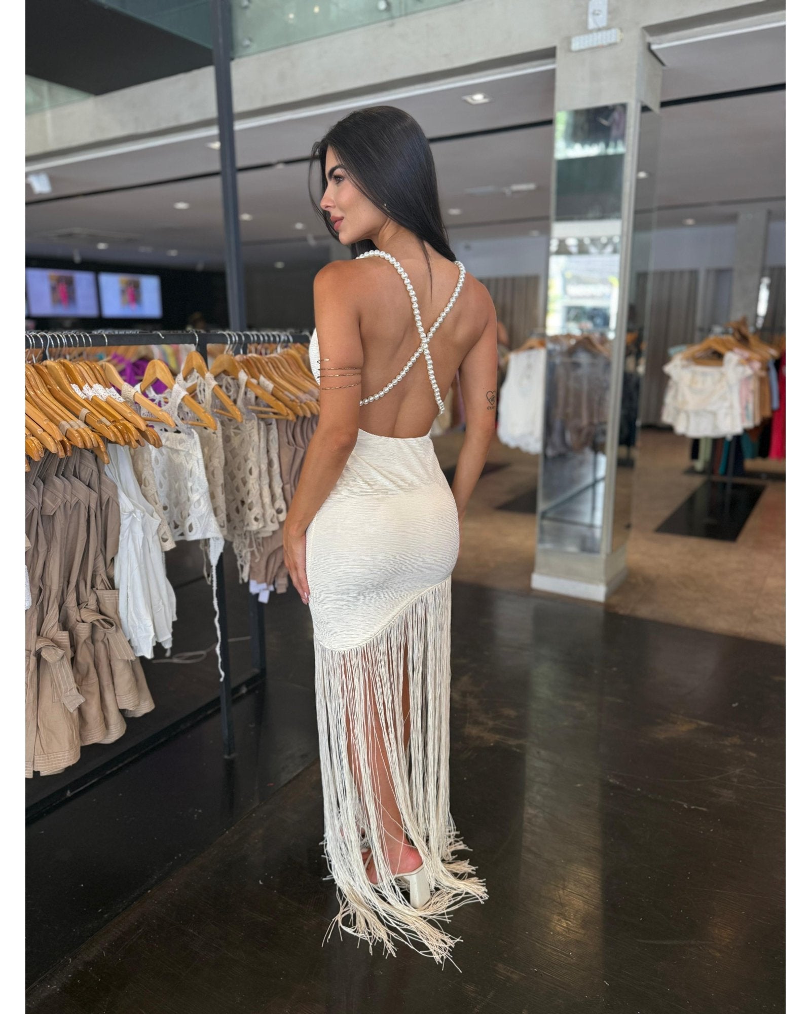 Vestido Franjas Com Pérola