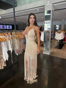 Vestido Franjas Com Pérola